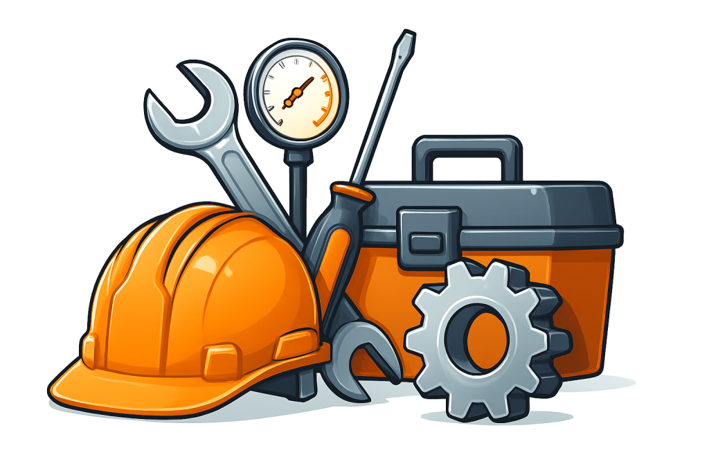 CNC machinery service tools including hard hat, spanner, gauge and toolbox for industrial maintenance