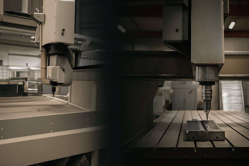 Dual close-up of CNC milling and drilling heads performing precision cutting operations