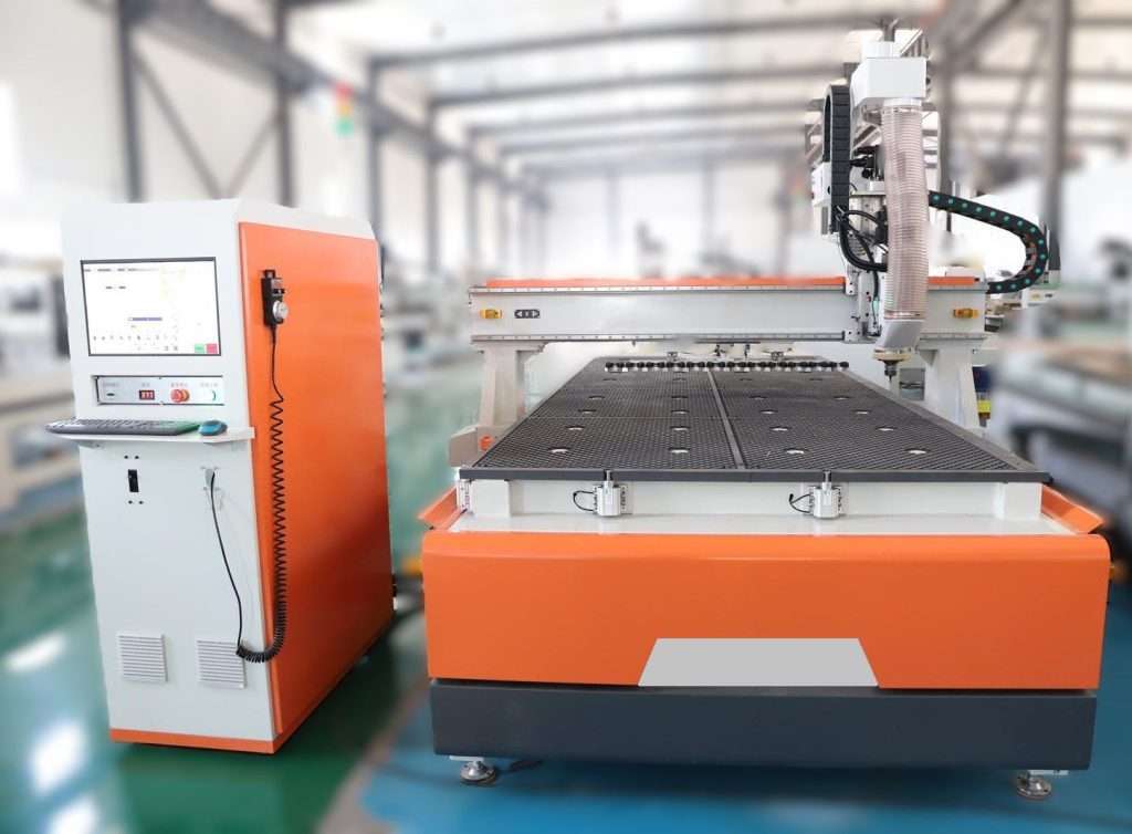 Large industrial CNC router with digital control panel and vacuum table for UK manufacturing