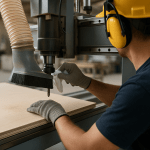 Operator in safety gear performing CNC router maintenance in a UK woodworking workshop – Micromax Machinery Group Ireland Ltd