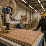 Wide-angle photo of a CNC router cutting a hardwood furniture panel in a modern UK workshop with an operator in safety gear.