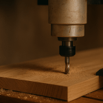 CNC router carving a wooden panel in a professional UK woodworking workshop, showing precision cutting and sawdust detail.