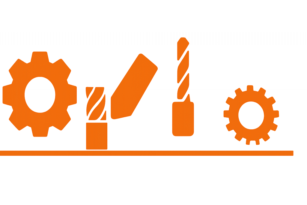 Orange CNC tool and gear icons in a wide transparent layout for Micromax branding