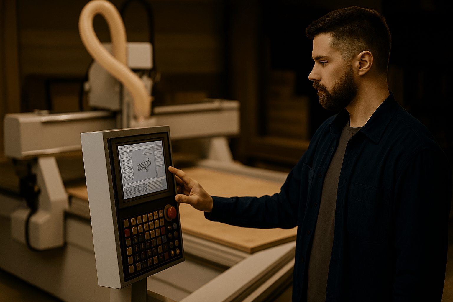 A light-skinned bearded man operating a CNC machine in a modern UK woodworking workshop, representing the rise of CNC automation in 2025.