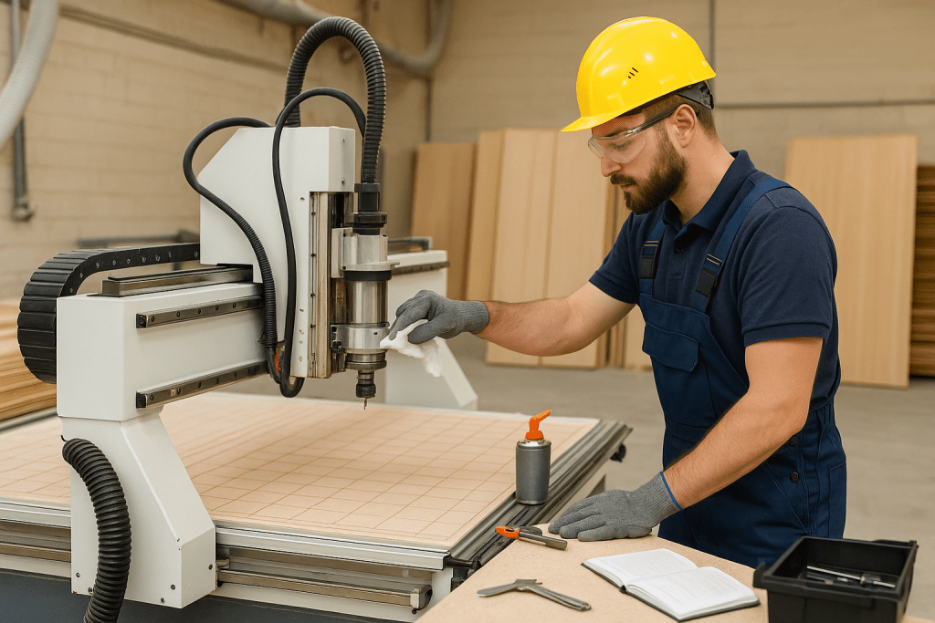Operator in safety gear cleaning and lubricating CNC router spindle in a UK woodworking workshop – Micromax Machinery Group Ireland Ltd