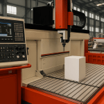 Industrial CNC machining center with control panel and spindle operating above a large worktable, inside a modern UK manufacturing facility.